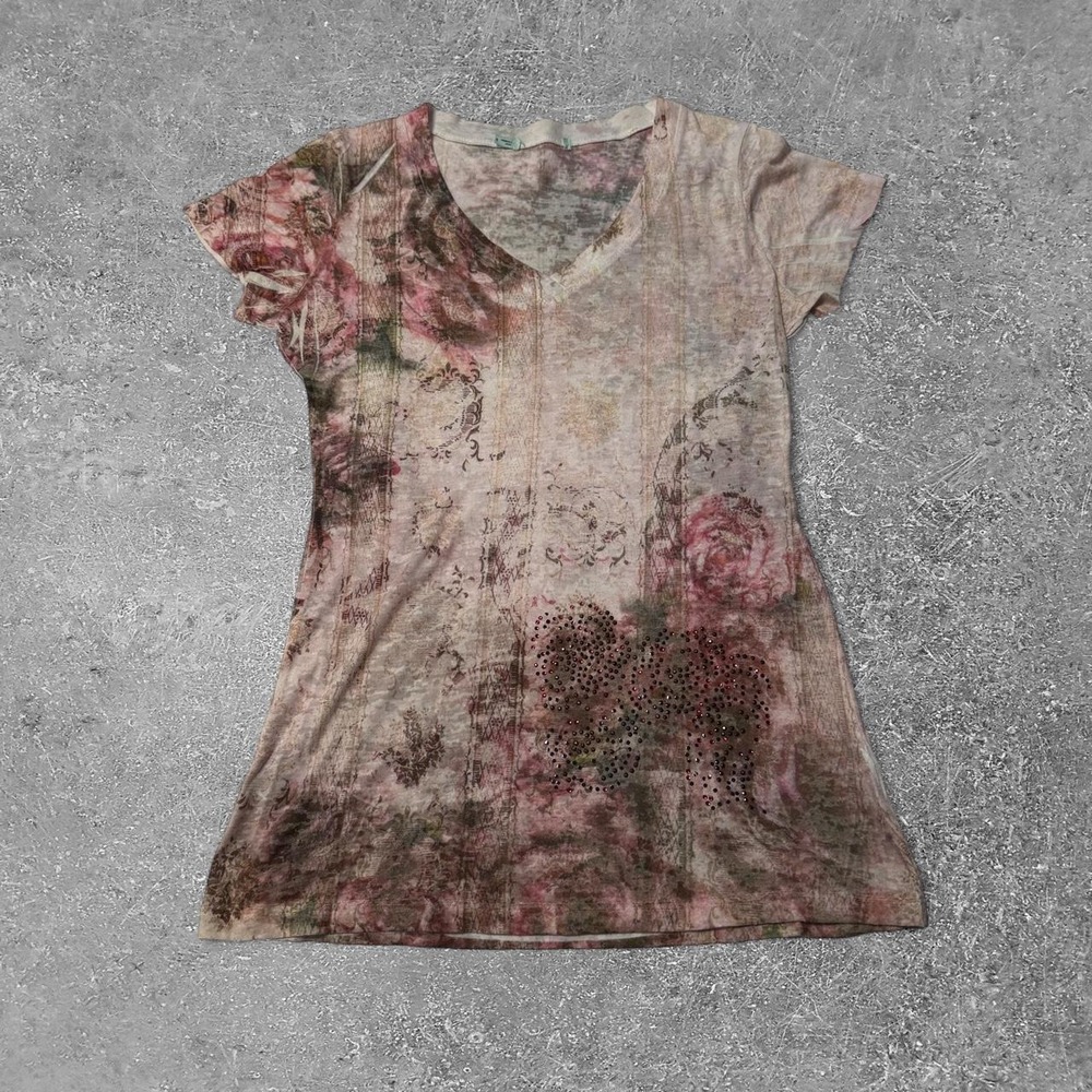Maurices Y2K Floral Rhinestone V Neck T Shirt Pink Brown Cotton Blend Small